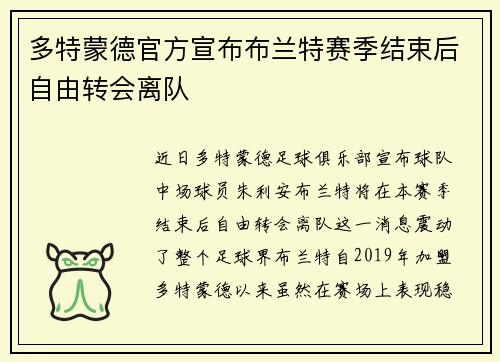 多特蒙德官方宣布布兰特赛季结束后自由转会离队 多特蒙德官方宣布布兰特赛季结束后自由转会离队