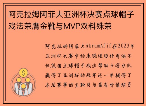 阿克拉姆阿菲夫亚洲杯决赛点球帽子戏法荣膺金靴与MVP双料殊荣