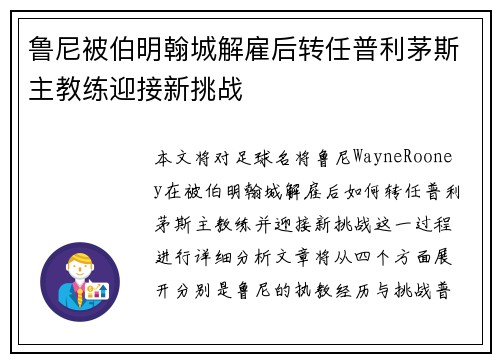 鲁尼被伯明翰城解雇后转任普利茅斯主教练迎接新挑战